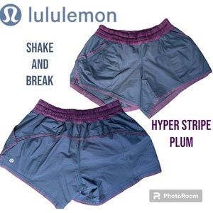 Lululemon shake and break running short in hyper stripe plum EUC